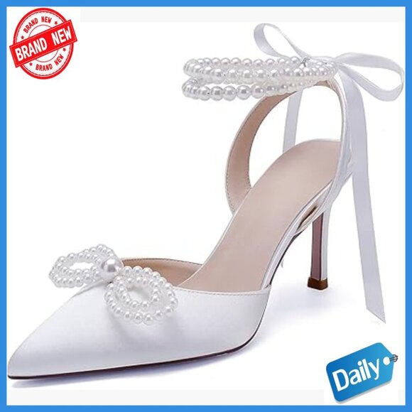 Shoes - Pearl Ankle Strap Wedding Heels Satin Pumps Size 7